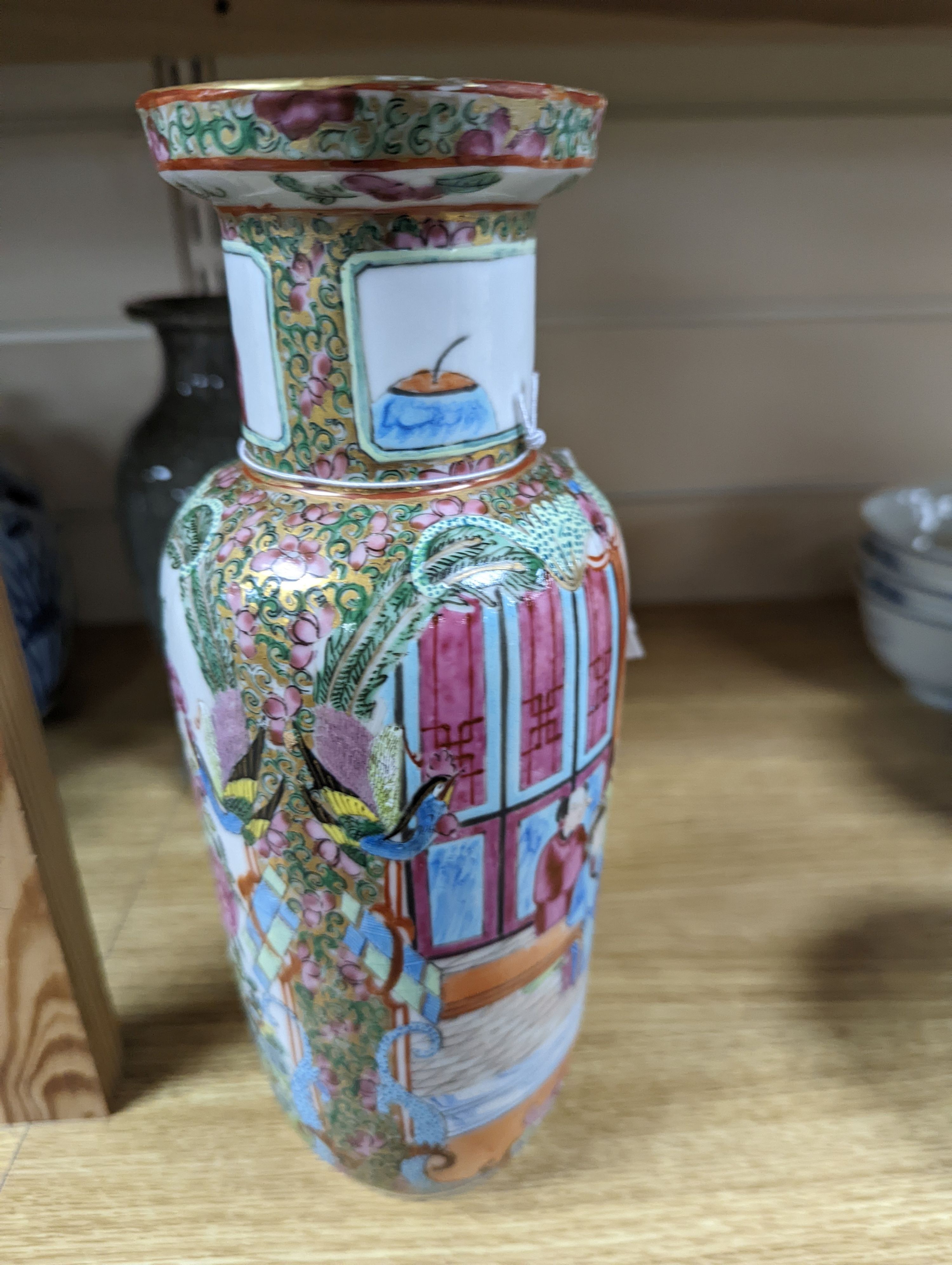 Two Chinese famille rose vases and a Celadon crackle glazed vase, 19th-century and later, tallest 25 cm